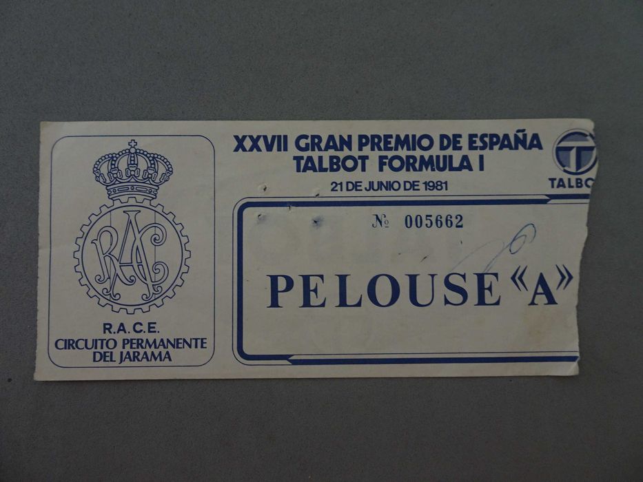 Bilhete XXVII Gran Premio de España Talbot Fórmula 1 - Circuito permanente del Jarama - 21 junho 1981