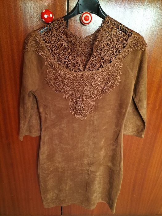 Brown Peach-Skin-Finish Fitted Dress M