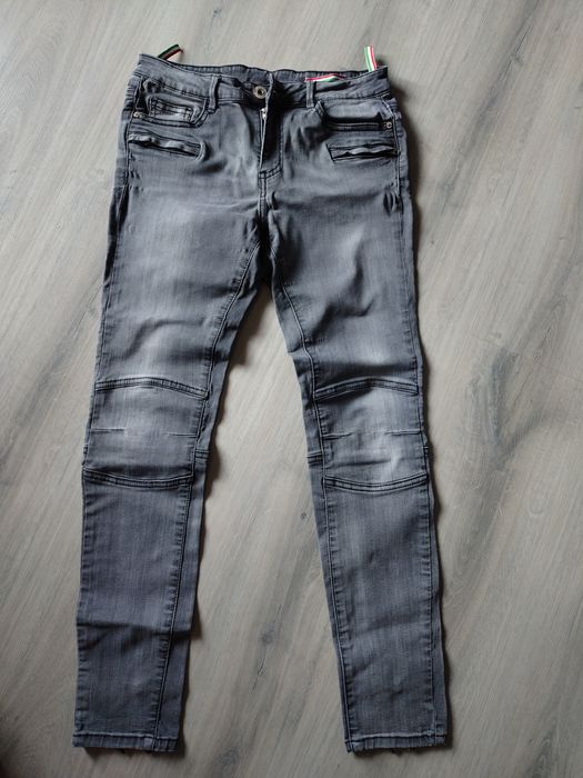 Włoskie jeansy szare biker moto przeszycia slim