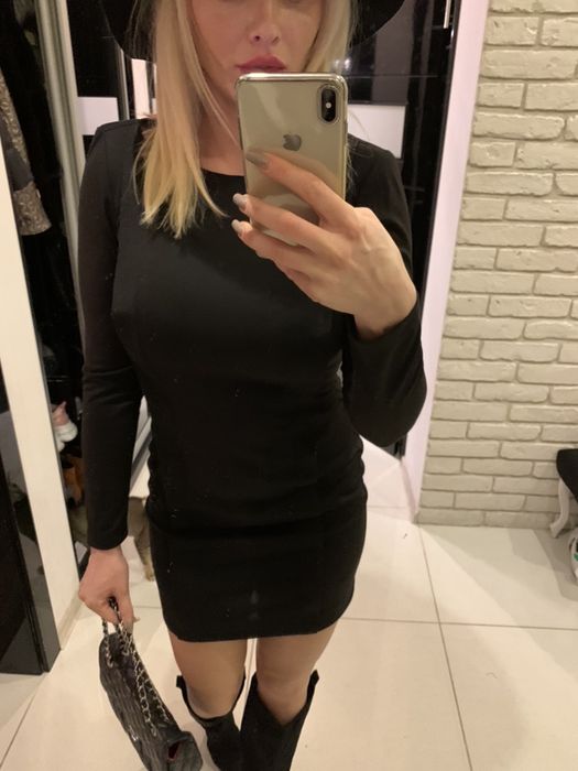 Sukienka czarna mini midi elegancka długi rękaw jak Just Unique L