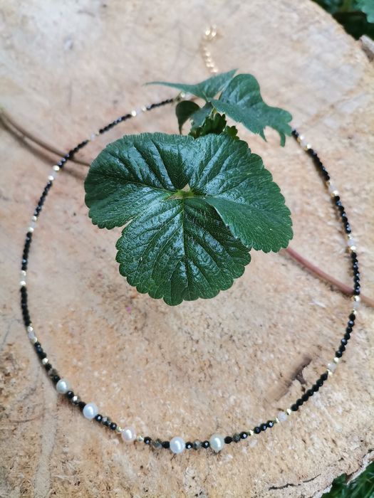 Naszyjnik choker na lince kryształ górski srebro 925 perły seashell