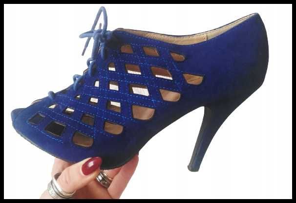 Szafirowe czółenka szpilki zamsz AŻUR 37