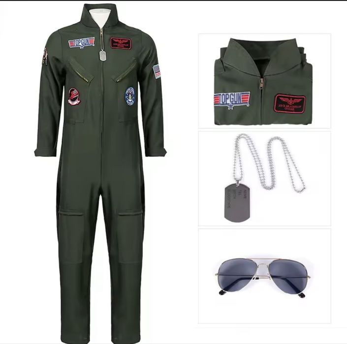 Pilot wojskowy cosplay air force one strój przebranie okulary nieśmiertelnik kombinezon rozmiar xl