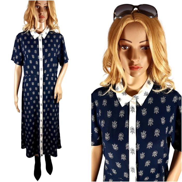 Nowa długa granatowa sukienka 40,L guziki maxi Marks&Spencer M&S