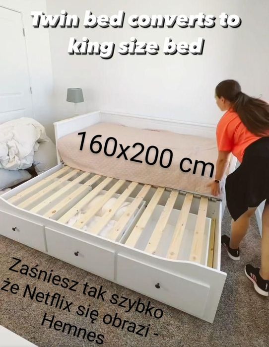 Ikea HEMNES łóżko rozsuwane King size 160x200 materace Moshult