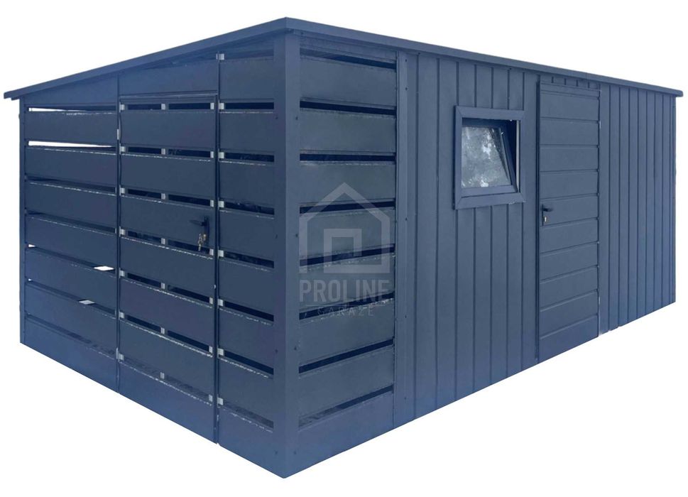 Schowek - Domek ogrodowy 4,5x3 m + wiata 1x3 m - brama dwuskrzydłowa - drzwi - okno - antracyt - dach spad w tył PLG285