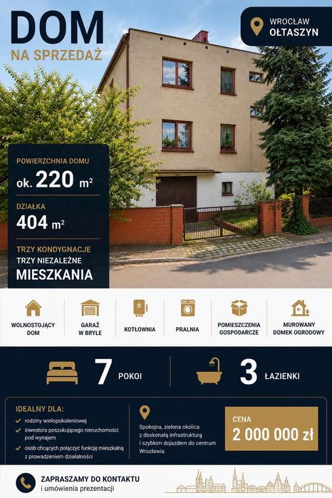 Ołtaszyn, Dom wolnostojący 220 m2 na sprzedaż  Wrocław – Ołtaszyn