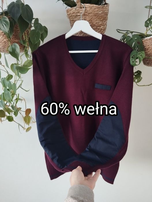 Bordowy męski sweter w serek z wełną r. M/L