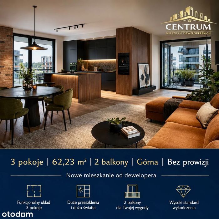 3 pokoje | 62,23 m² | 2 balkony | Górna | Bez prowizji