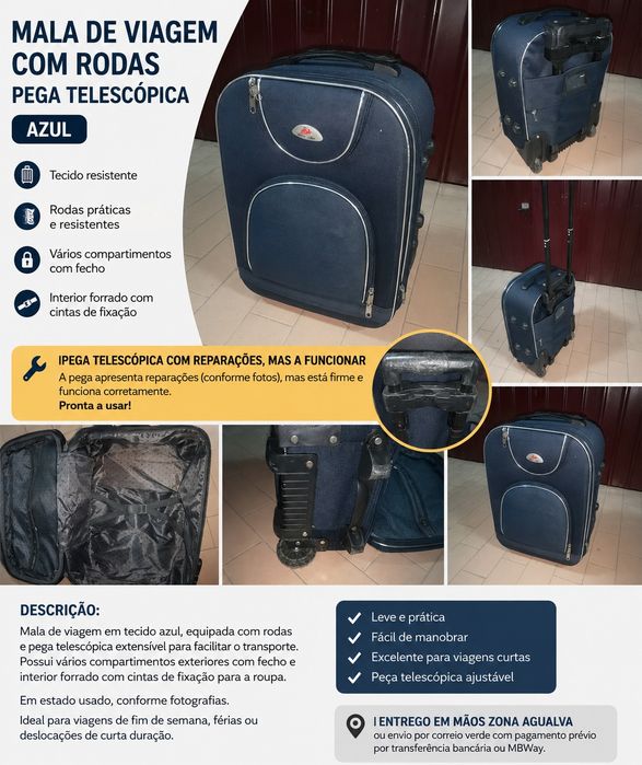Mala de viagem com rodas e pega extensível – azul