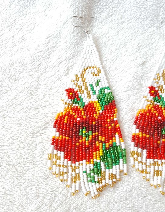 Duże kolczyki koralikowe boho etno bohemian mak kwiat róża floral