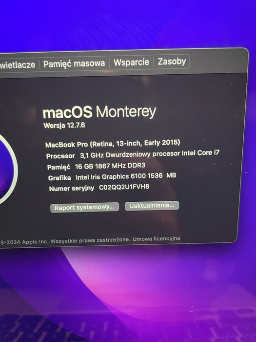 Macbook Pro 13, 2015, 3,1 Ghz Intel i7, 16 GB Ram, dysk 500GB.