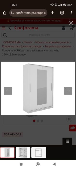 Roupeiro YORK Conforama portas deslizantes com espelho 150x195cm branc