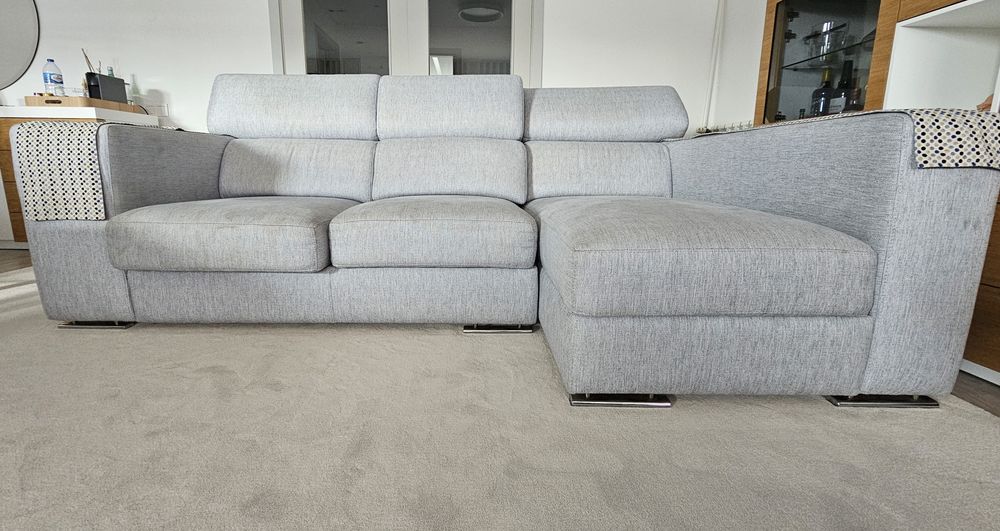 Sofá chaise longue cinzento modular | Assentos extensíveis + 2 bancos
