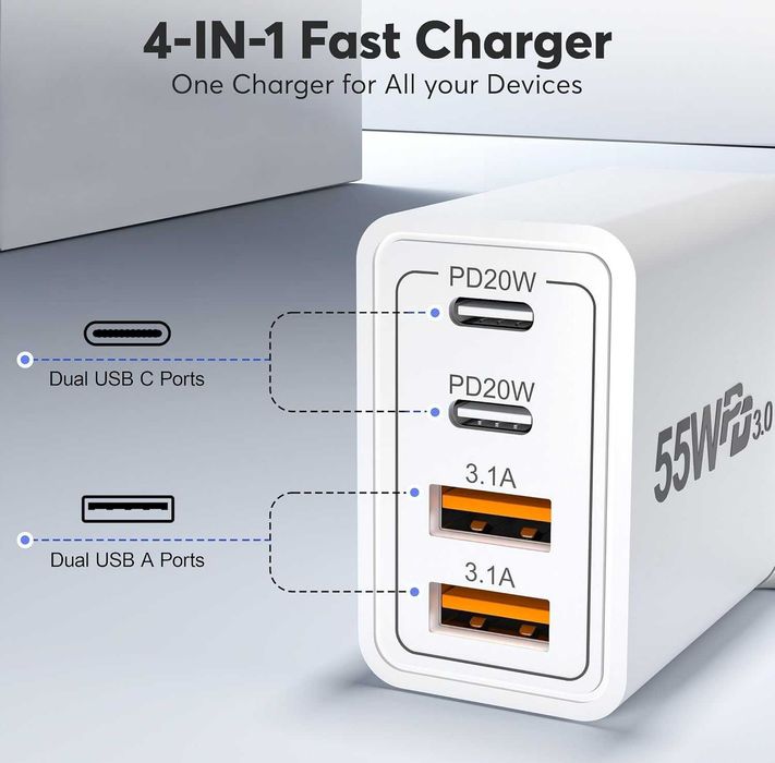 Szybka uniwersalna Ładowarka SIECIOWA 55W PD+QC 3.0 USB x3 + USB-C x3