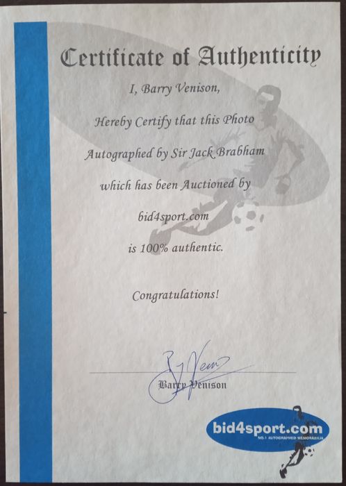 Fotografia com autógrafo de Jack Brabham Fórmula 1