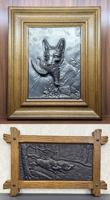 Антикварное панно картина из латуни автор Gg Bommer GDR Германия ОХОТА