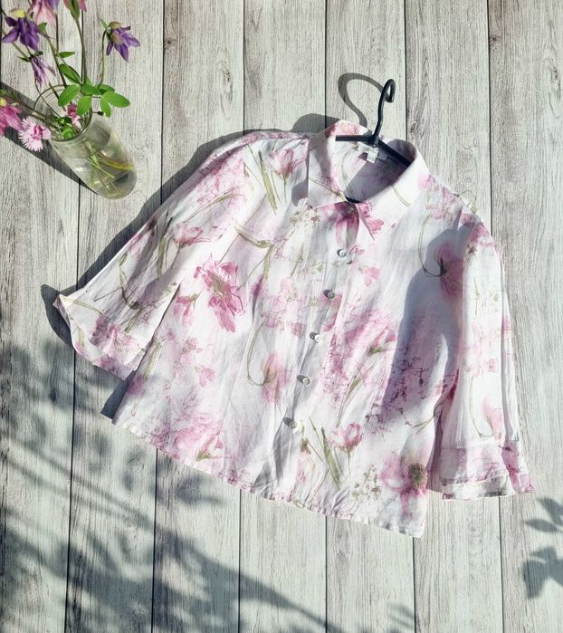 Льняная рубашка шведка женская в цветочный принт