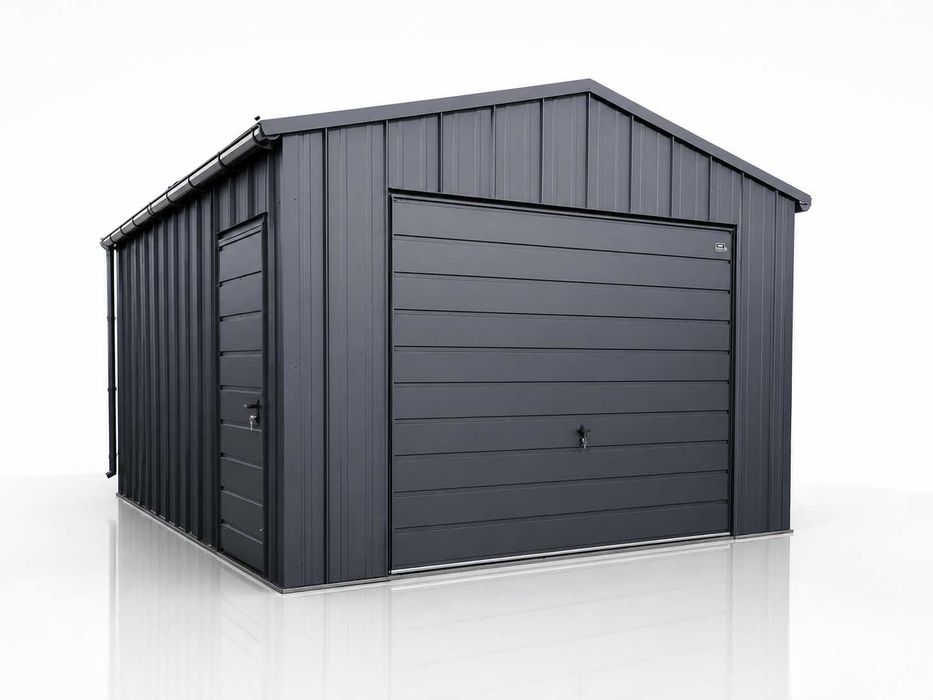 Garaż blaszany 4x5 m dwuspadowy grafit mat – rąbek, brama uchylna