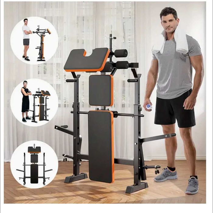 D38-Banco Musculação 6 em 1 com Suporte Agachamento, Banco Ajustável