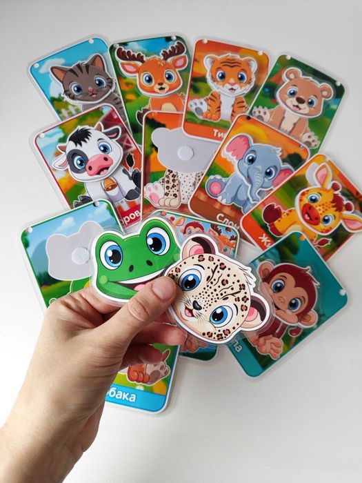 Вчимо тварин. Де хто? Де чия мордочка? Ігри на липучках