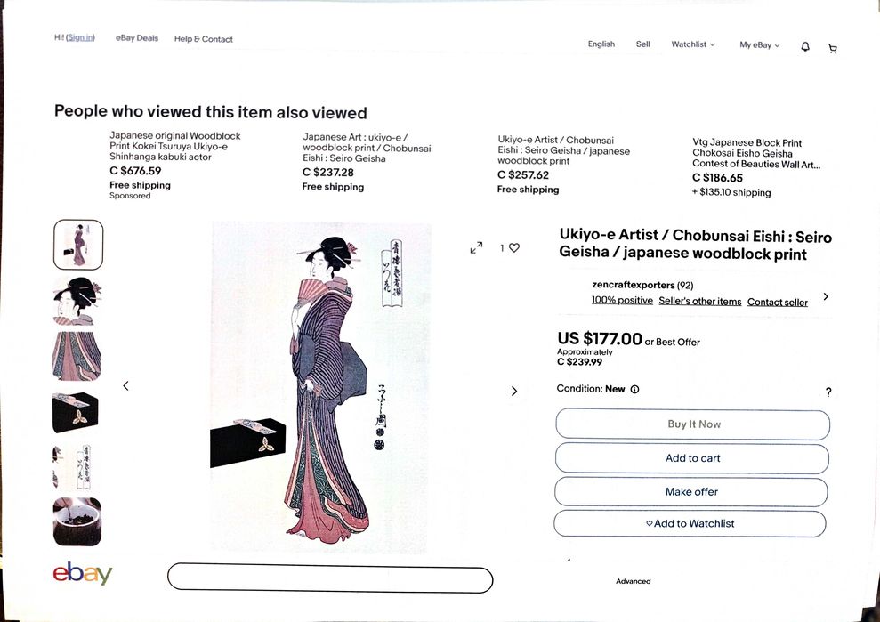 Drzeworyt /washi Gejsza z wachlarzem  Artysta japonski Chobunsai Eishi