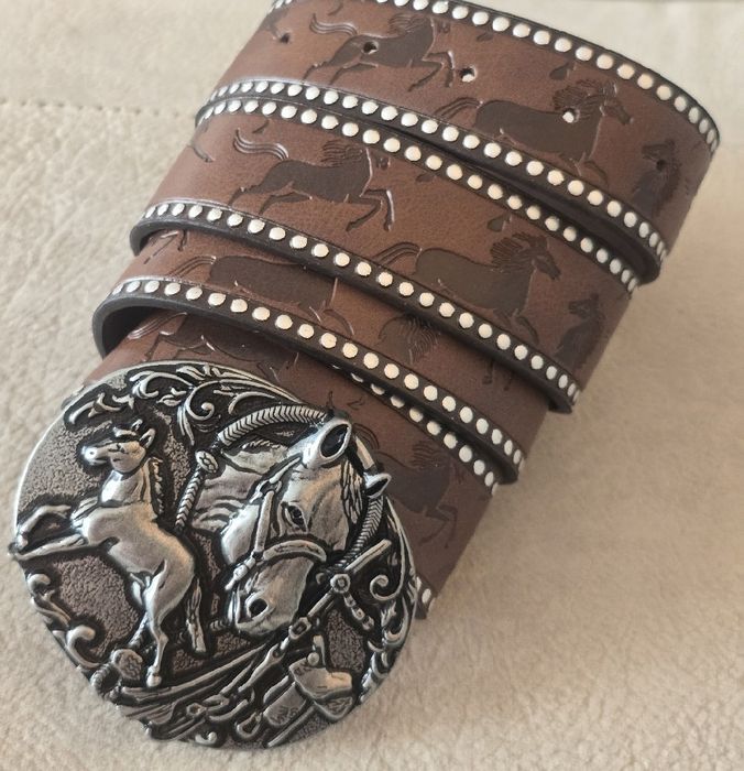 Pasek skórzany jeździecki myśliwski brązowy Mustang KOŃ Arabski 120cm.