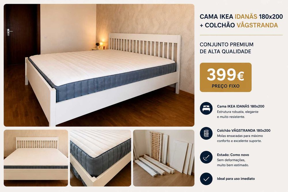 Cama IKEA IDANÄS 180x200 + Colchão VÅGSTRANDA – Como Novo