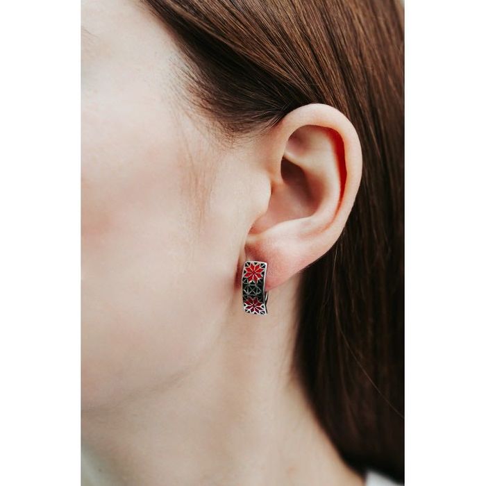 Срібні родовані набори сережки+каблучка «Вишиванка»