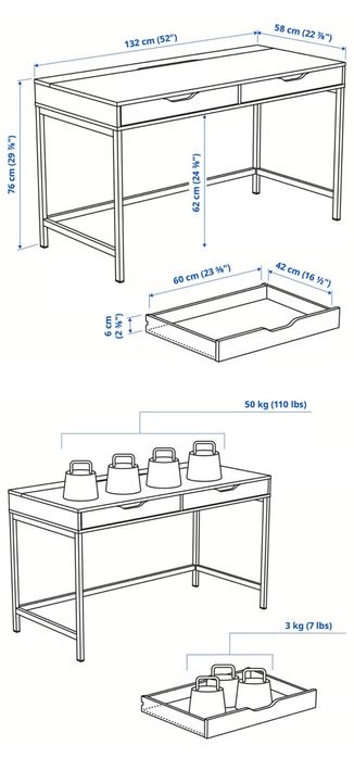 Biurko Alex IKEA – białe, nowoczesne, z dwiema szufladami
