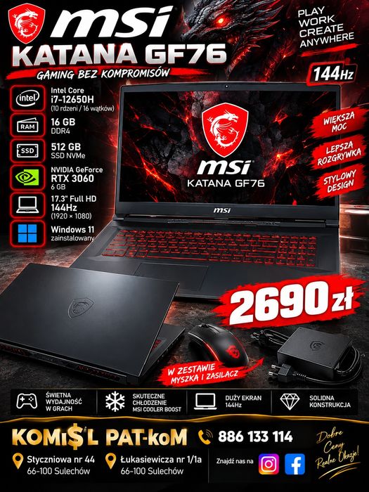 MSI Katana GF76 – i7-12650H, RTX 3060, 16GB RAM, 512GB SSD, 144Hz..Super staN.. PAT-KOM