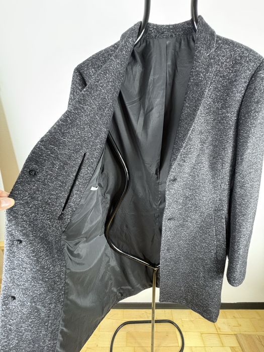 Calvin Klein – męski płaszcz wełniany Fitted | grafit | roz. 48 | Made in Portugal