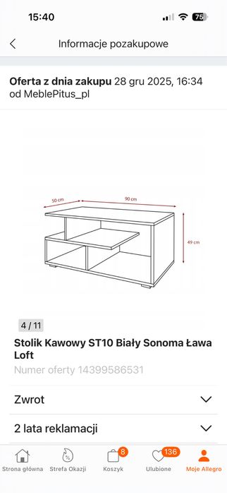 Stolik kawowy nowy bialy sonoma