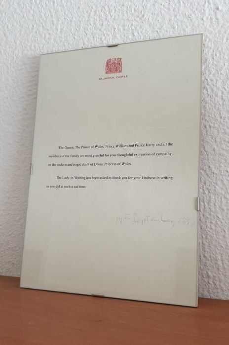 Rare letter from the British Royal Family following Princess Diana's death.