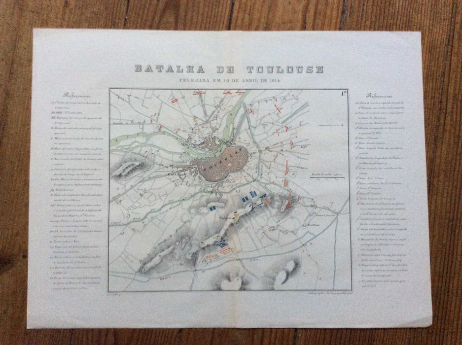 Tema. Guerra Peninsular. Mapa militar litográfico do século XIX, original da época. Batalha de Toulouse. Raro