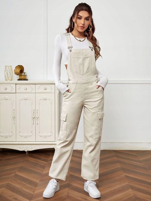 Ogrodniczki jeansowe proste casual beżowe SHEIN S