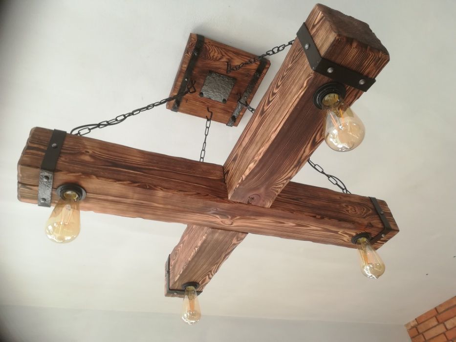 Drewniana lampa wisząca, żyrandol RETRO, postarzana belka, Vintage