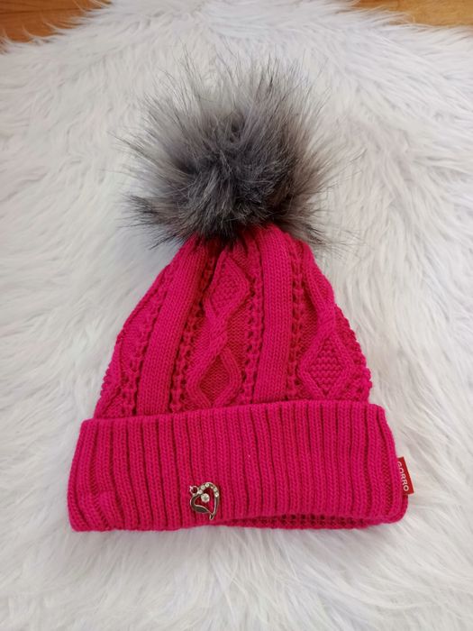 Czapka zimowa, Gorro, różowa, szary pompon, z wełną, podszewka