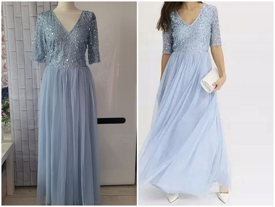 Błękitna sukienka tiulowa maxi z cekinami, L-XL