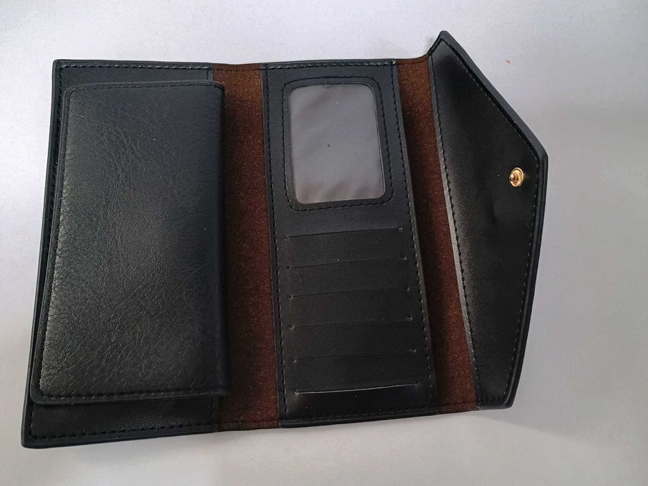 Czarny portfel, skóra ekologiczna, 19 x 9, dużo przegródek