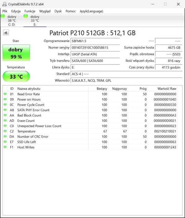 Dysk SSD 512GB PATRIOT P210 używany