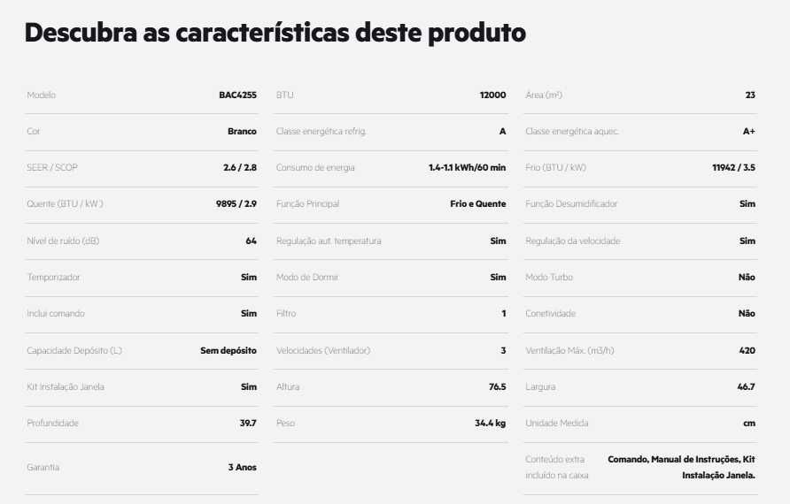 Ar Condicionado e Aquecedor Portátil BECKEN BAC4255