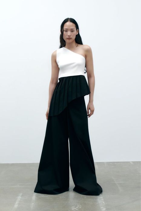 Блуза,топ,майка на одне плече,в рубчик,ажурна,біла з чорним,zara S