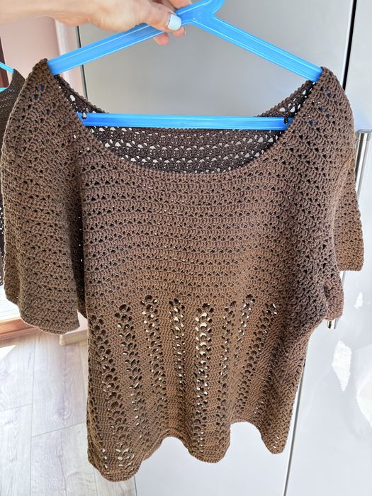 Brązowa bluzka top szydełkowa M/L mandmade siateczkowa z azurowym dolem