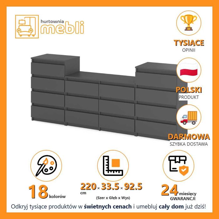 Duża Komoda Pod Telewizor Hugo 220cm Nowoczesna Szafka 14 Szuflad Loft