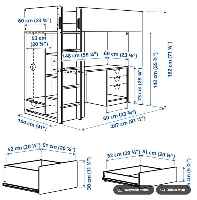 Łóżko na antresoli Ikea Smastad z czarnymi i szarymi elementami
