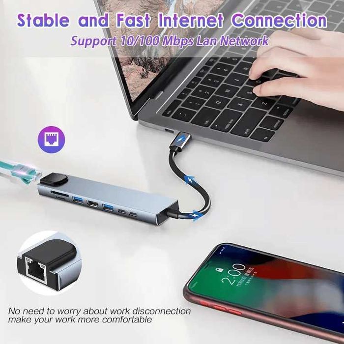 Hub USB-C 8 em 1 (2x Portas USB-C e USB 3.0, Ethernet RJ45, HDMI, SD/TF, Charge 100w)