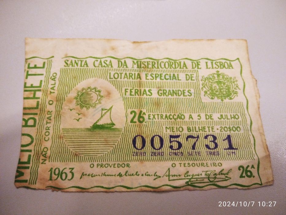 Cautela de lotaria ano 1963