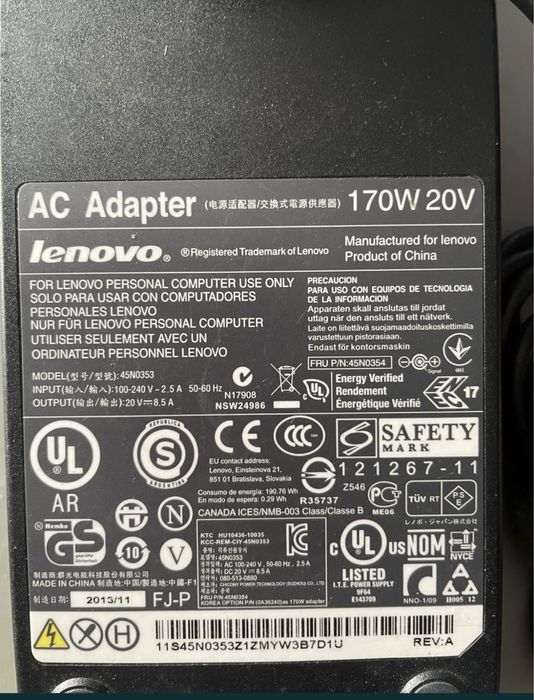 Zasilacz lenovo 170w /20 v