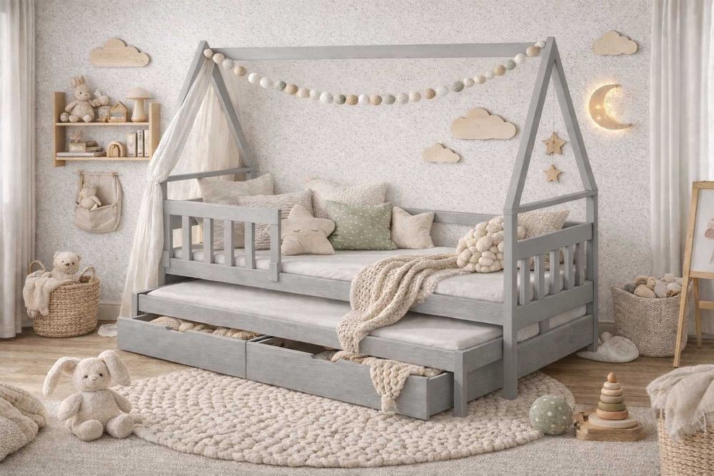 Łóżko Domek 2 osobowe z wysuwanym spaniem, materace 160x75 lub 180x75